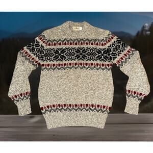 VTG L.L. Bean Size Mens Small Grey Beige Nordic Red Blue Wool Blend Sweater 80s